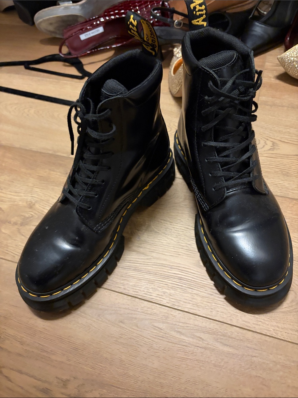 Dr. Martens Black Leather Lace-Up Boots with Yellow Stitching